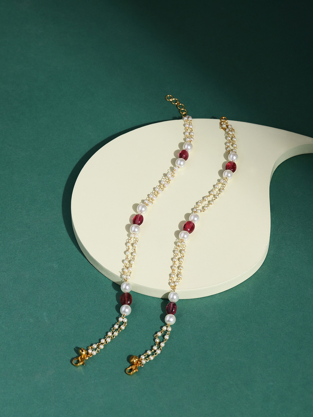 Ruby Raang Set Of 2 Gold-Plated Pink & White Pearl & Beaded Anklets