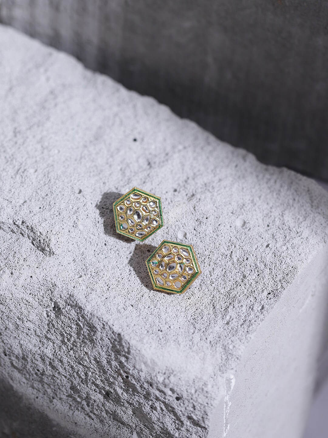 Ruby Raang Gold-Toned & White Kundan Contemporary Gold-Plated Studs Earrings