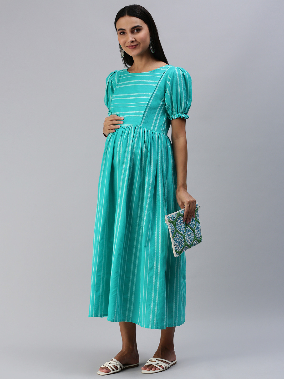 Swishchick Turquoise Blue & White Striped Maternity Midi Dress