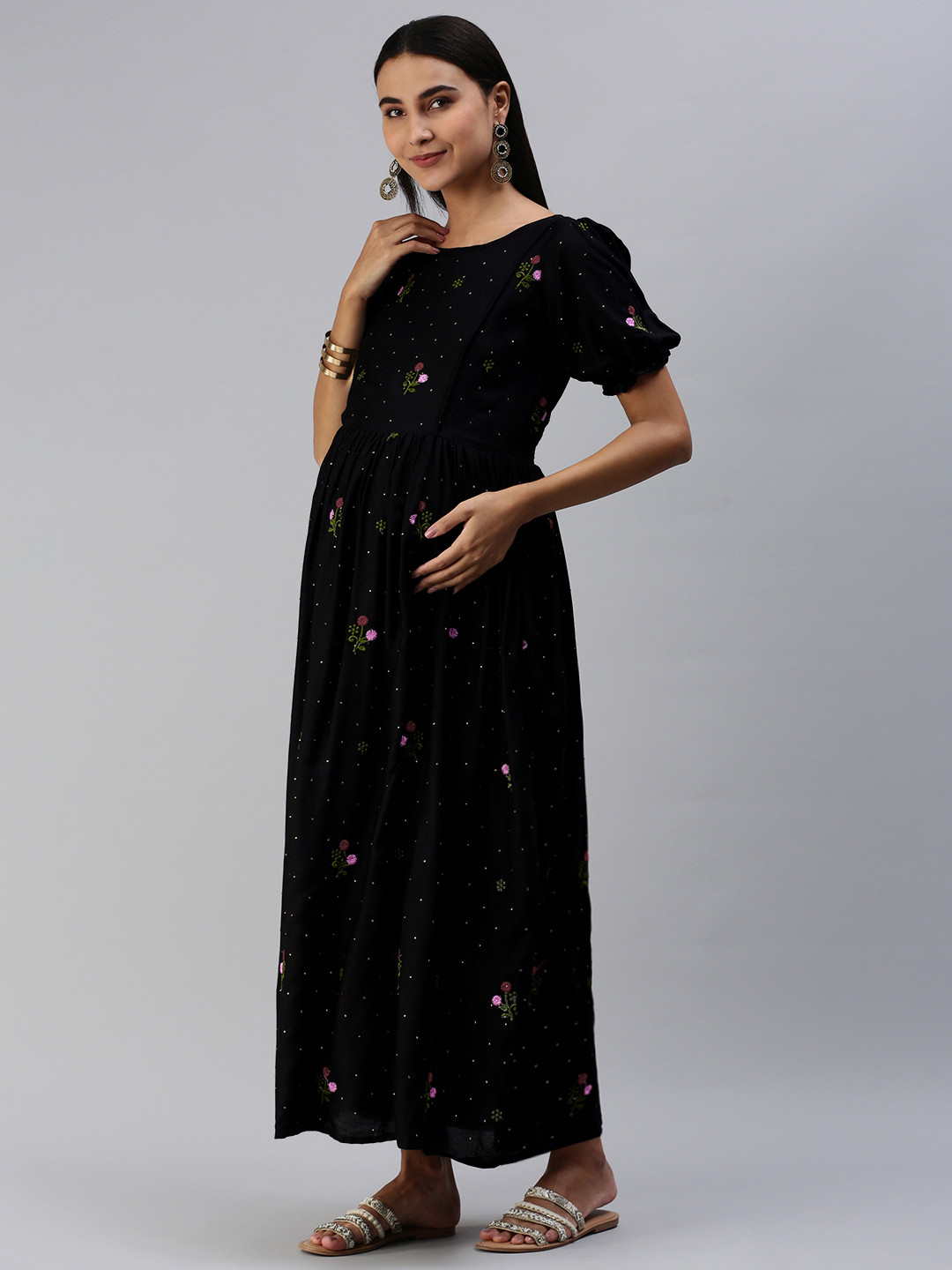 Swishchick Black Floral Embroidered Maternity Maxi Dress