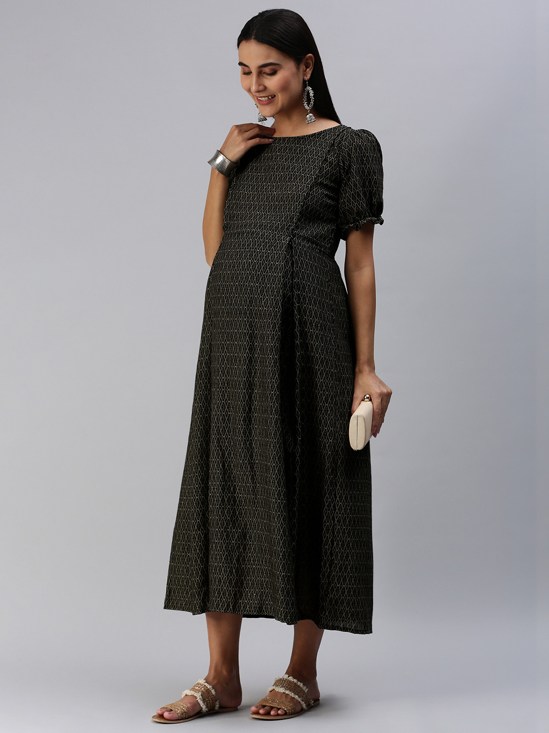 Swishchick Black & Yellow Woven Design Maternity Midi Dress