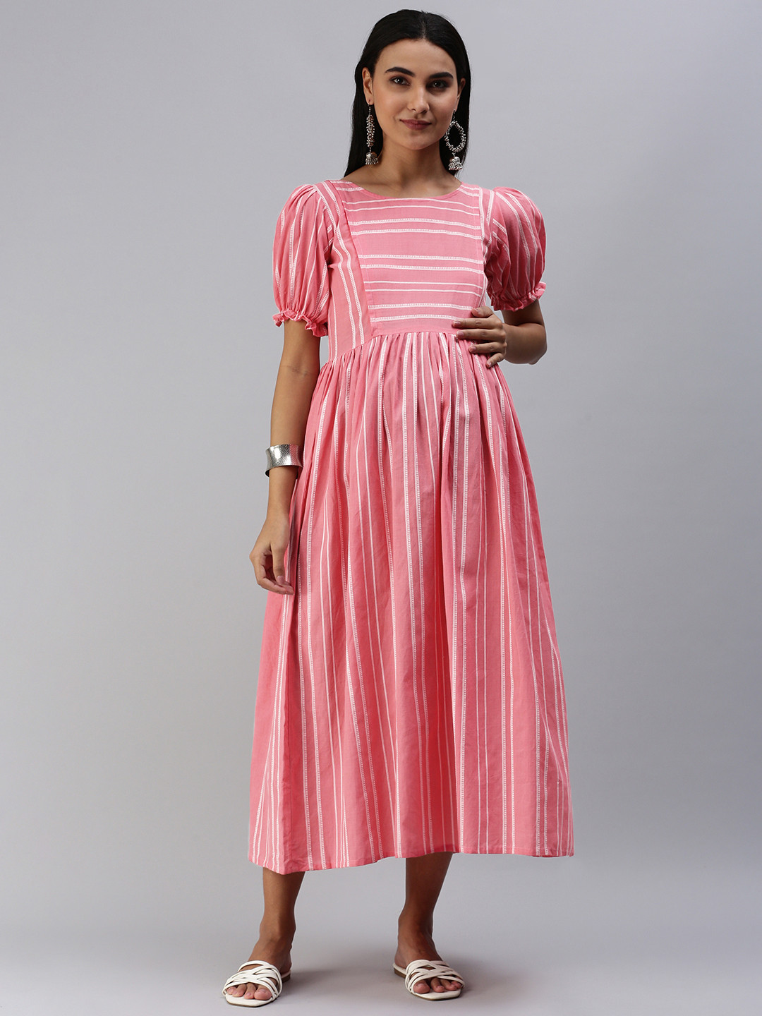 Swishchick Pink & White Striped Maternity Midi Dress