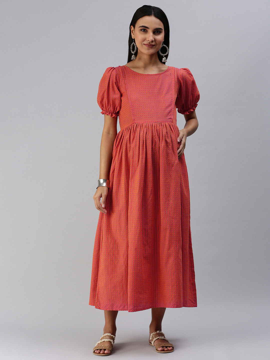 Swishchick Rust Orange & Pink Striped Maternity Midi Dress