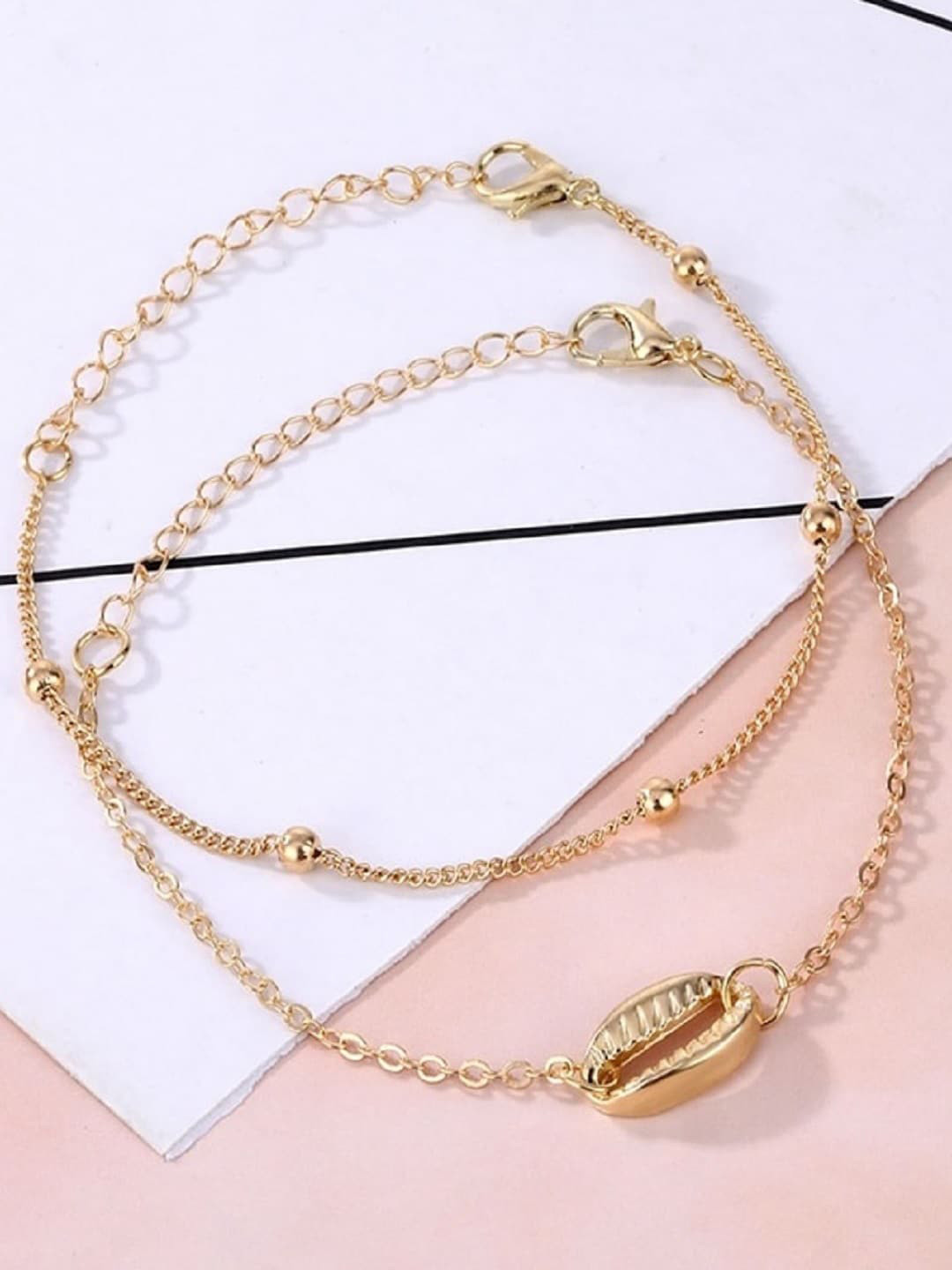OOMPH Women Pack Of 2 Gold-Toned Sea Shell Layered Anklet