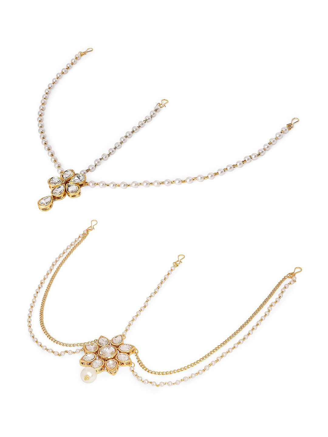 OOMPH Set Of 2 White & Gold-Toned Kundan Studded & Pearls Beaded Head Jewellery