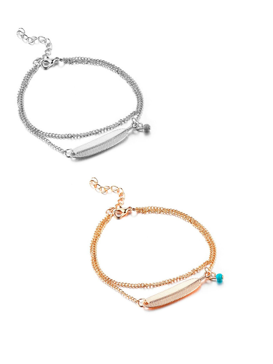 OOMPH Set Of 2 Sliver & Gold- Toned Leaf Design Anklet