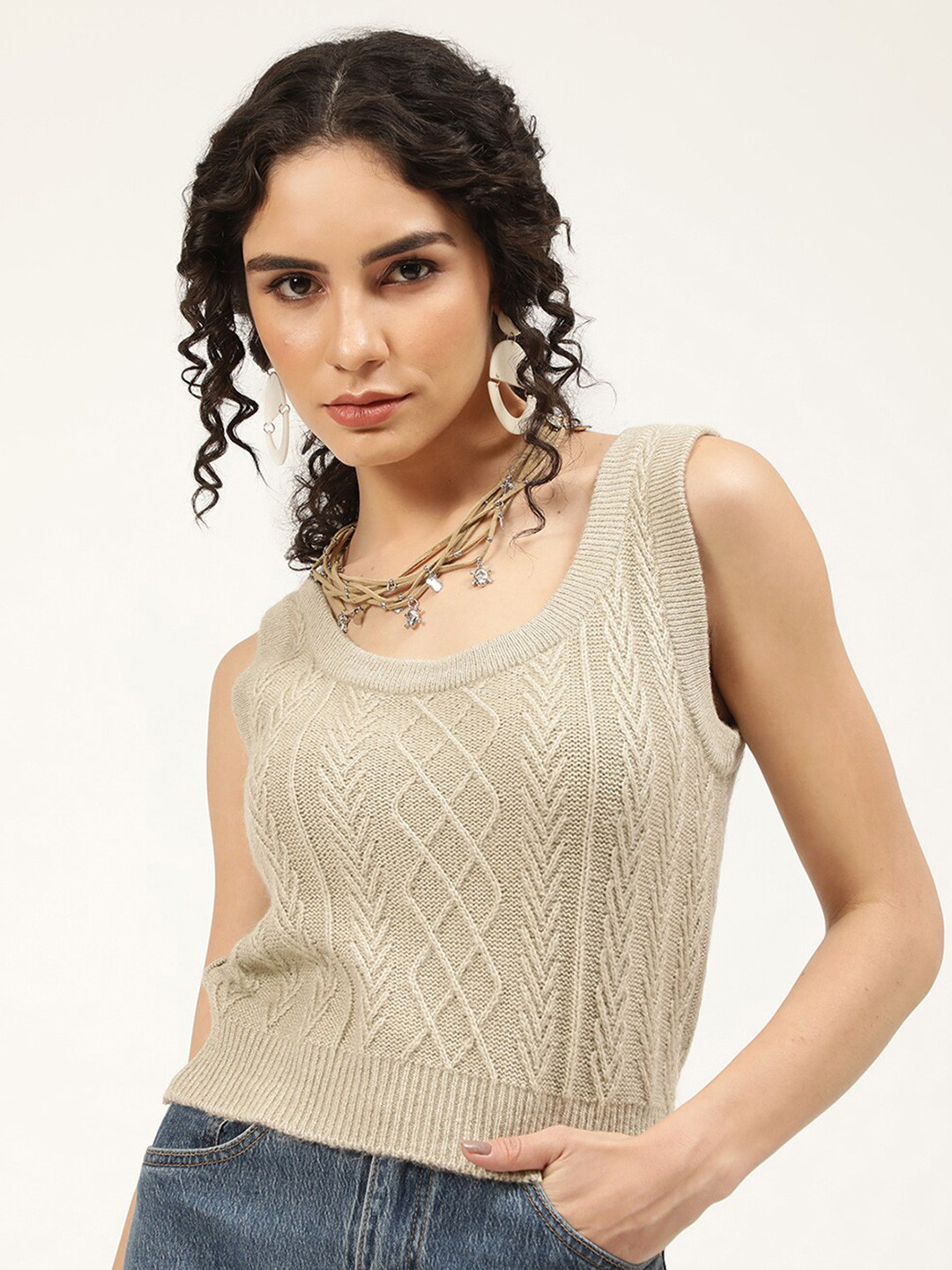 CENTRESTAGE Women Cream-Coloured Cable Knit Sweater Vest