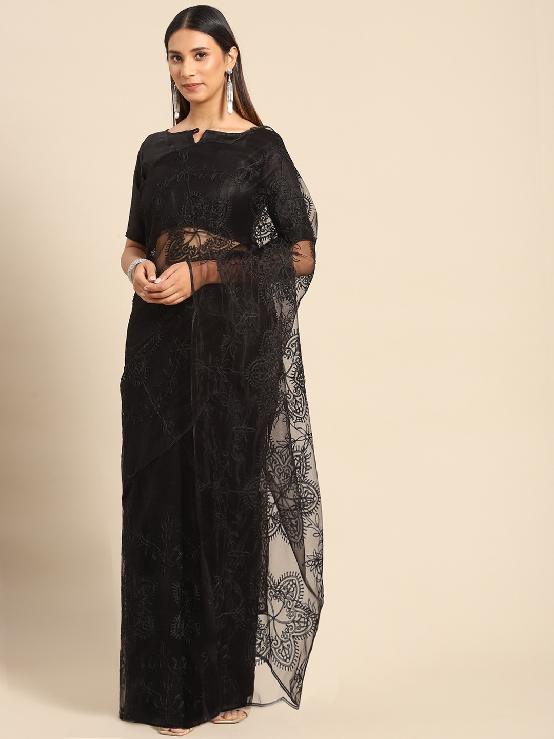 Kalista Black Floral Embroidered Net Saree