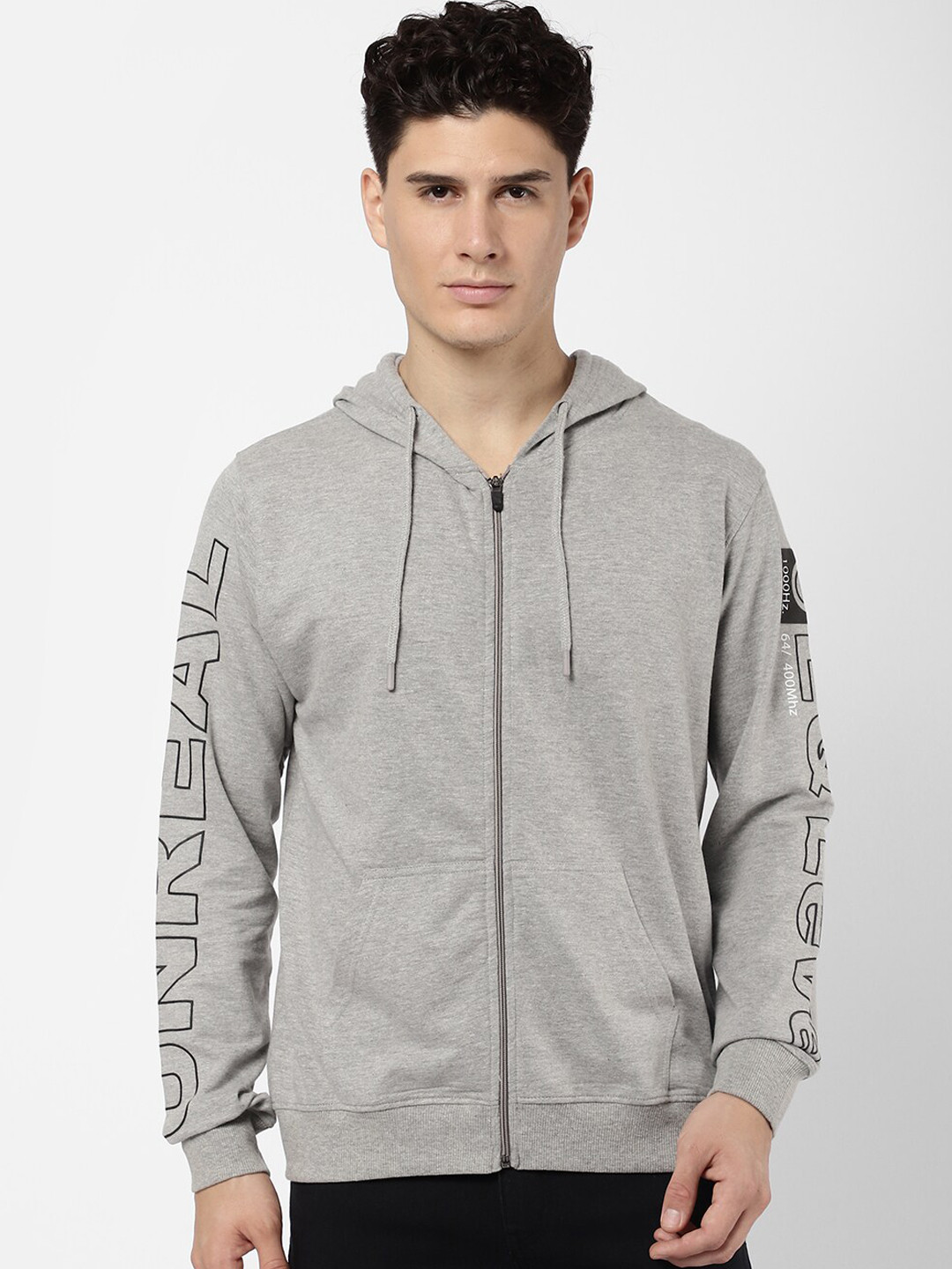 R&B Men Grey & Black Printed Hooded Cotton Sweatshirt