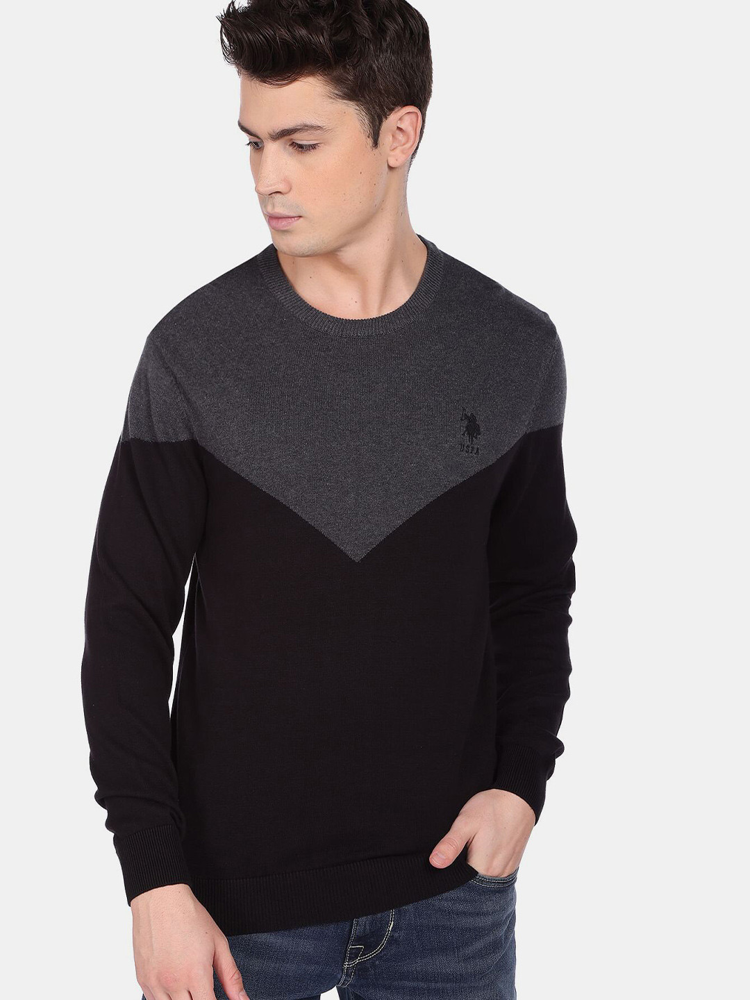 U S Polo Assn Men Grey & Black Colourblocked Pullover Pure Cotton Sweater