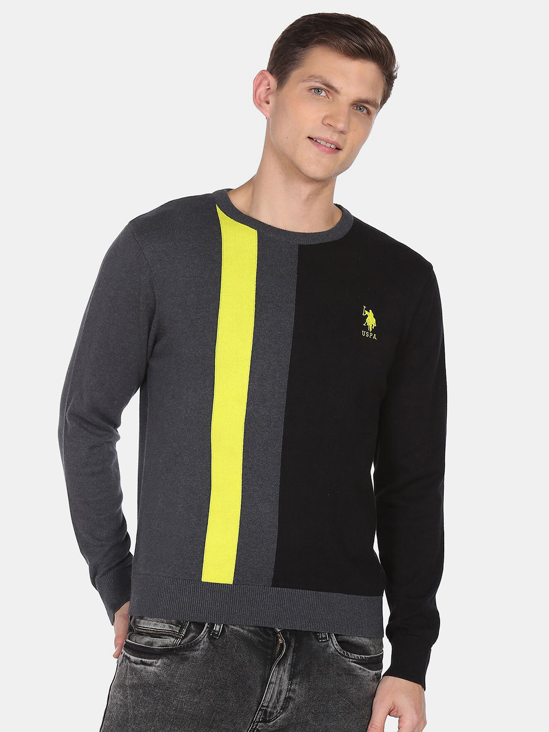 U S Polo Assn Men Grey & Black Colourblocked Pullover Pure Cotton Sweater