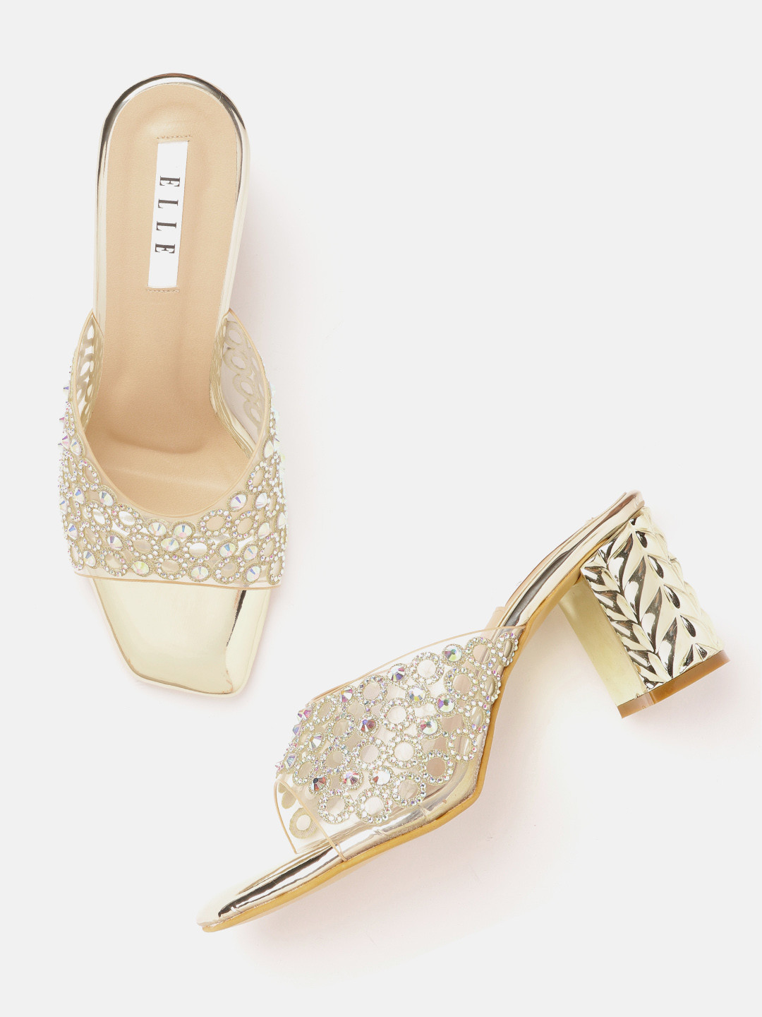 ELLE Women Transparent & Gold-Toned Embellished Ethnic Block Heel Sandals