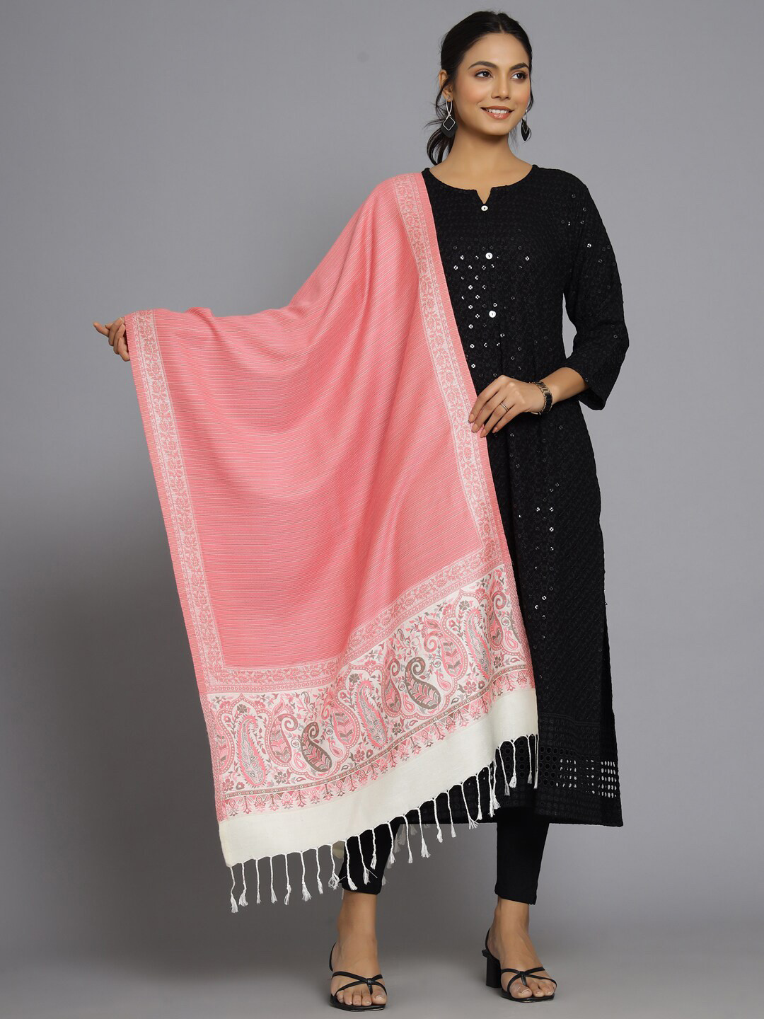 HANDICRAFT PALACE Women Pink & Green Woven Design Stole