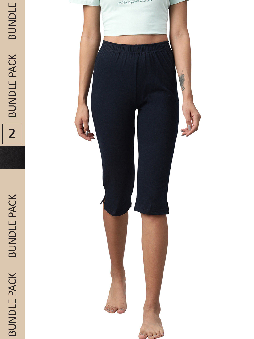 NOT YET by us Women Pack Of 2 Navy Blue & Grey Cotton Capris