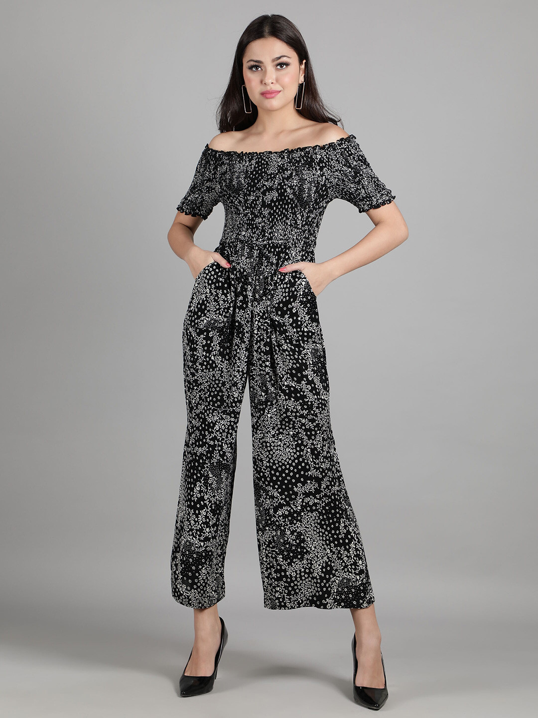 DEBONATELLA Women Black & White Floral Printed Off-Shoulder Capri Jumpsuit