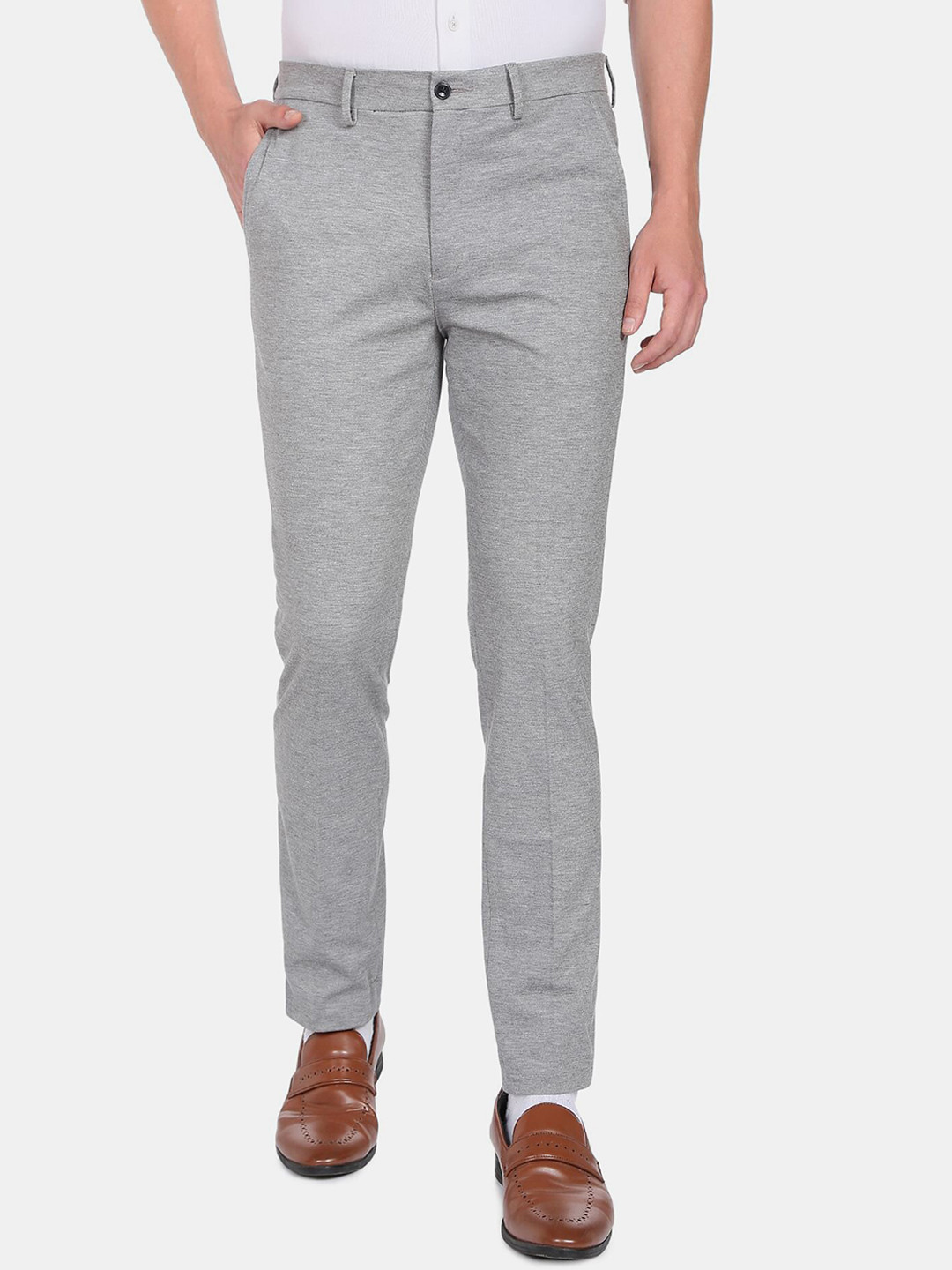 Arrow New York Men Grey Melange Self Design Formal Trousers