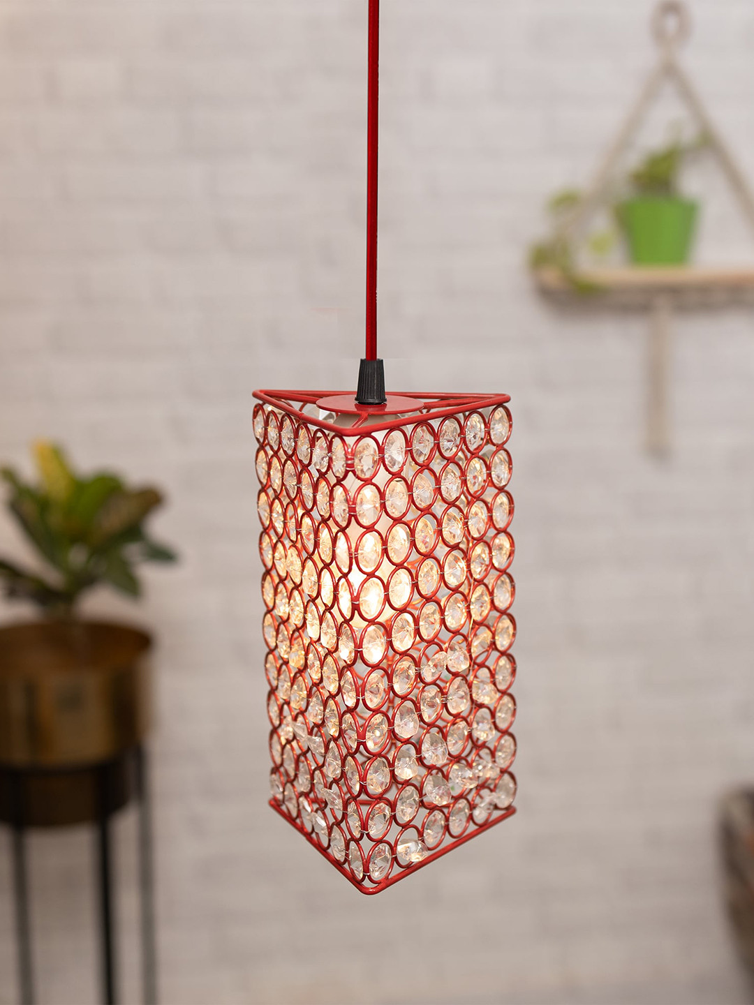 Homesake Red Textured Triangle Glossy Hanging Crystal Pendant Ceiling Lamp