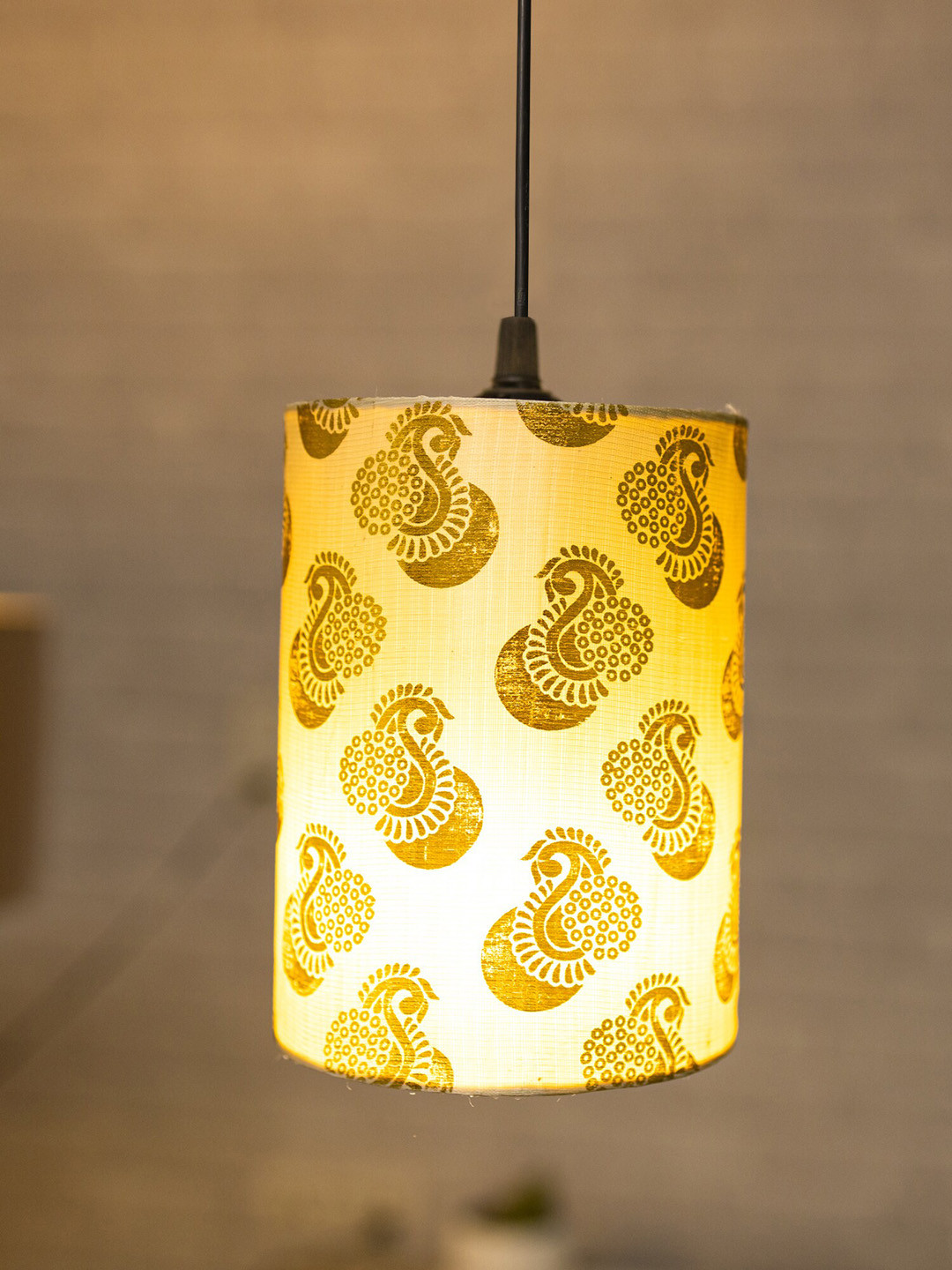 Homesake Gold-Toned Printed Leaf Hanging Cylinder Ceiling Lamps