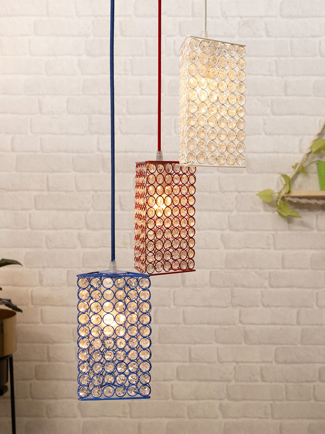 Homesake Red & Blue Solid 3-Lights Round Cluster Chandelier Crystal Hanging Ceiling Lamps