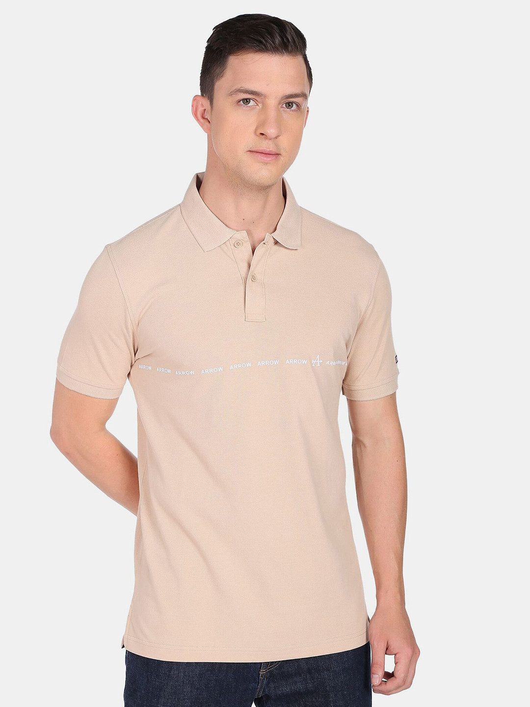 Arrow Sport Men Beige Brand Logo Polo Collar Cotton T-shirt