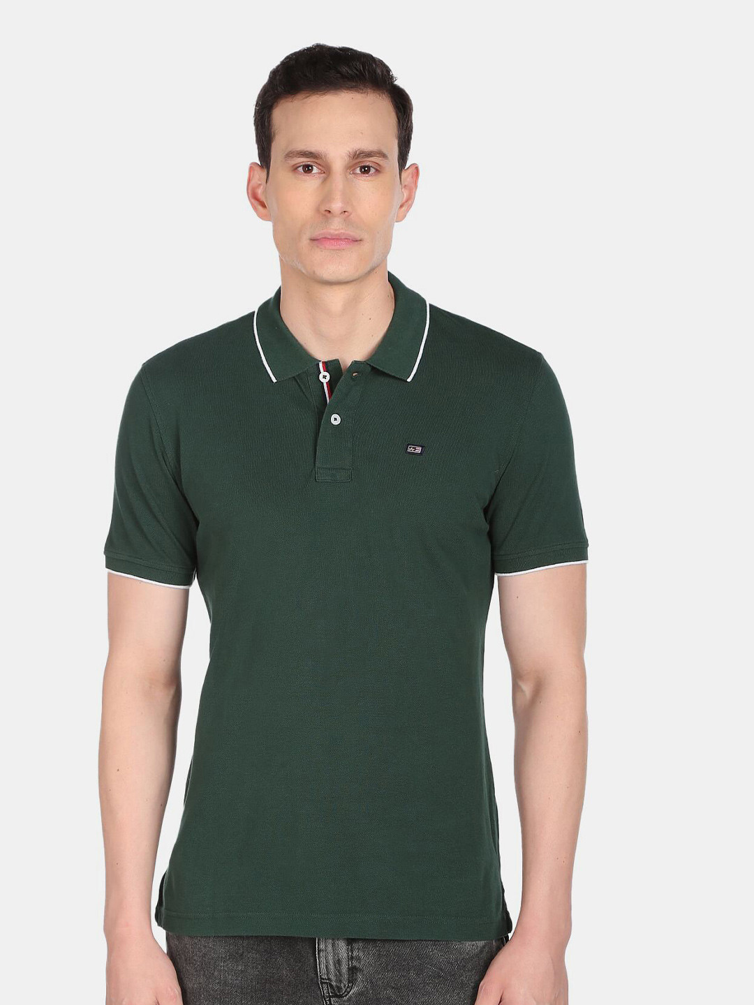 Arrow Sport Men Green Solid Polo Collar Cotton T-shirt