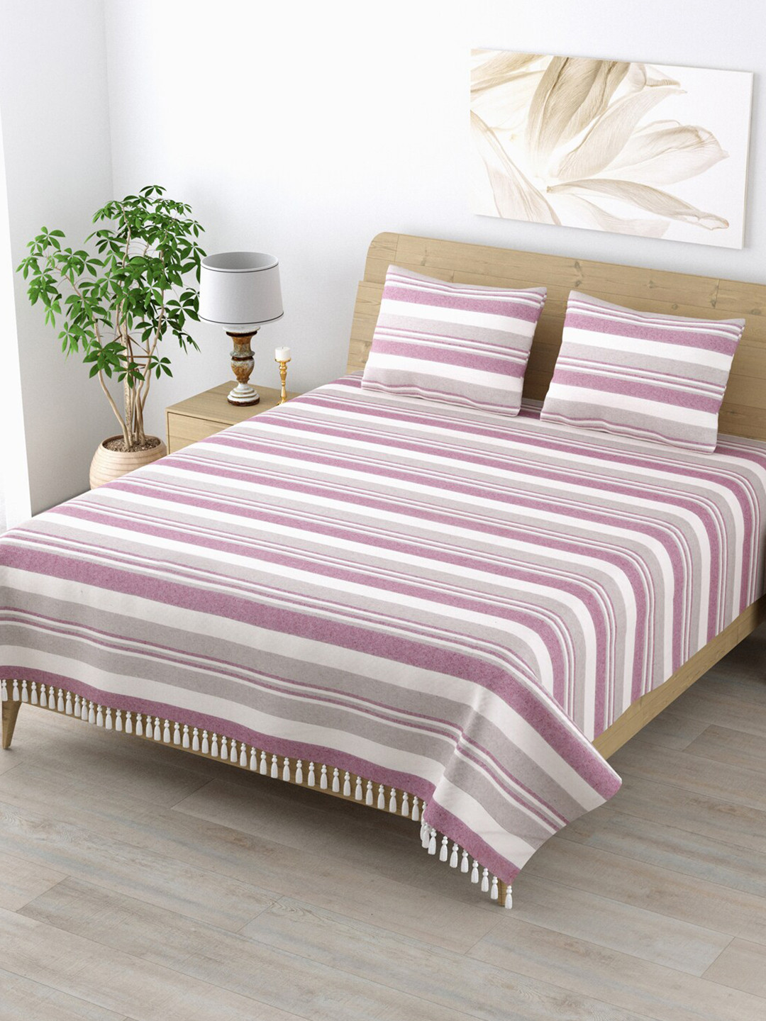 Varde Purple Striped Cotton 210 TC King Fine Bedsheet with 2 Pillow Covers-89 x 98 inches