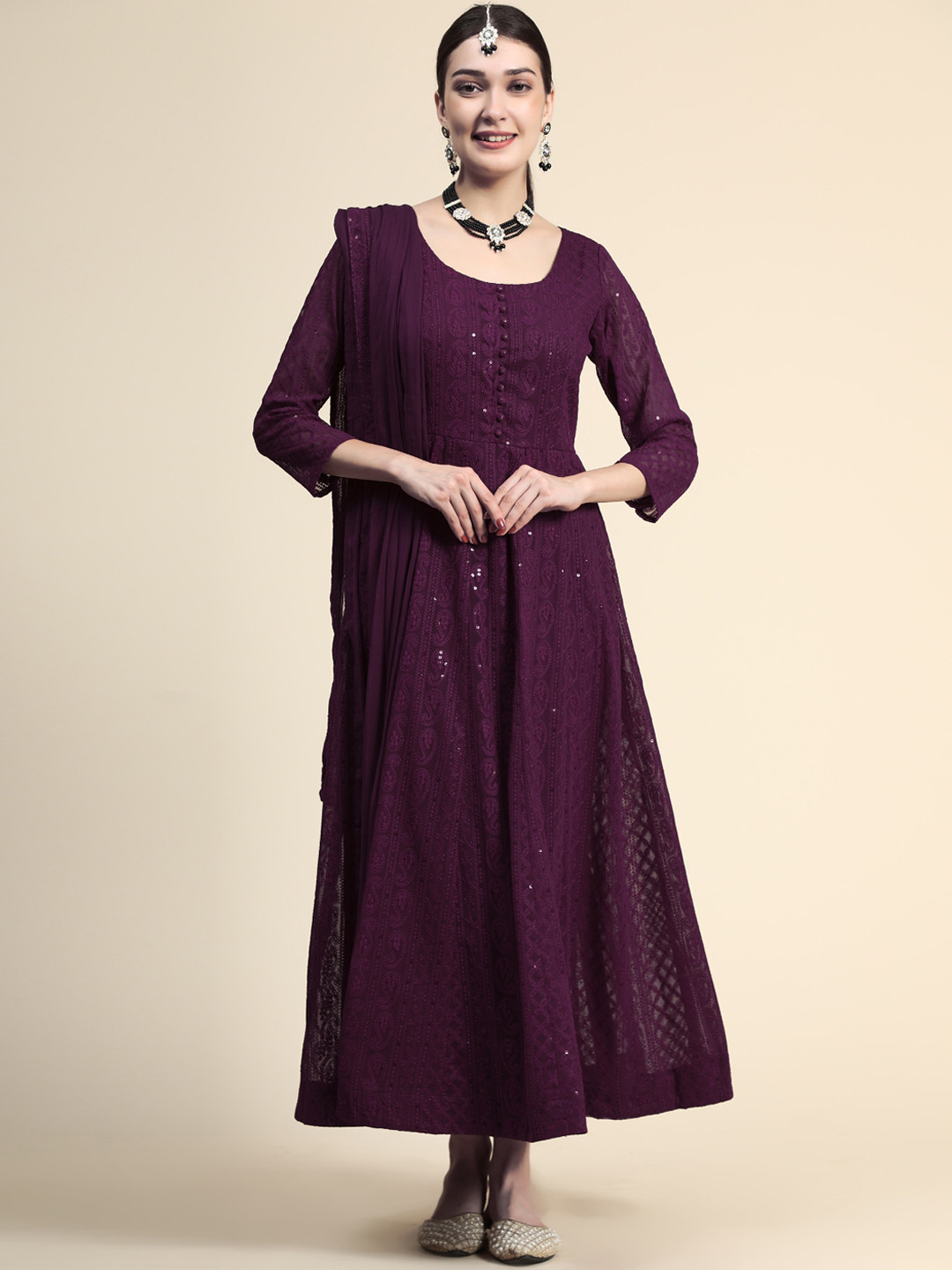 KALINI Women Burgundy Paisley Embroidered Empire Chikankari Kurta with Trousers & With Dupatta