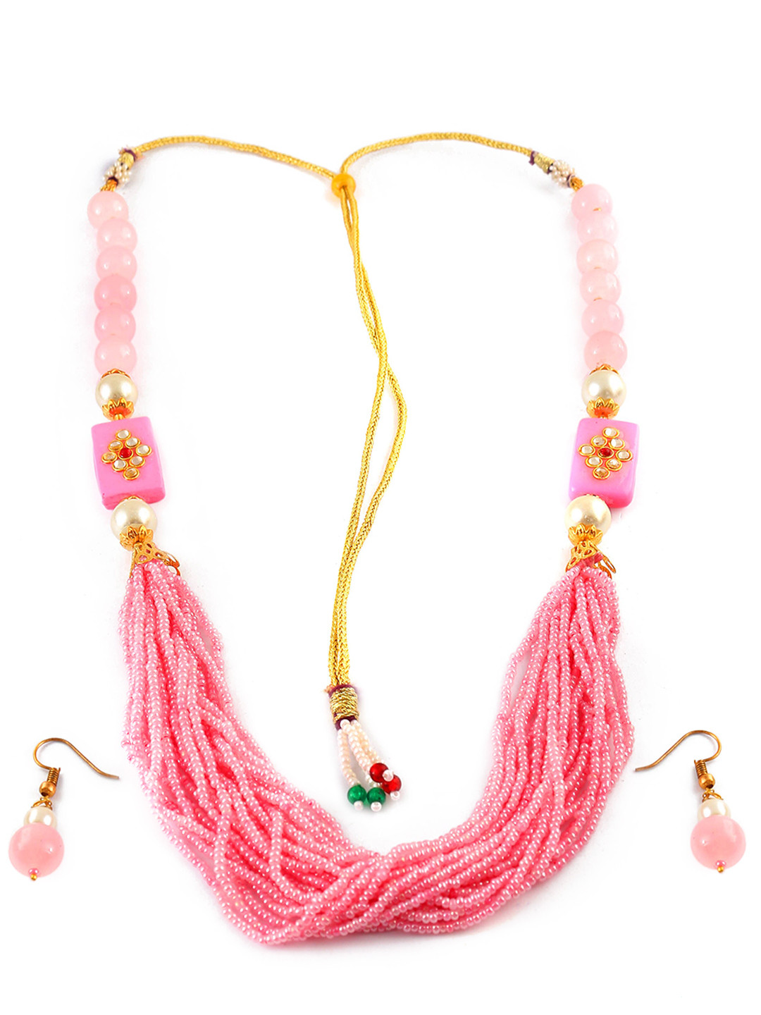 Jewar Mandi Pink Multi Strand Stone-Studded & beaded Jewellery Set
