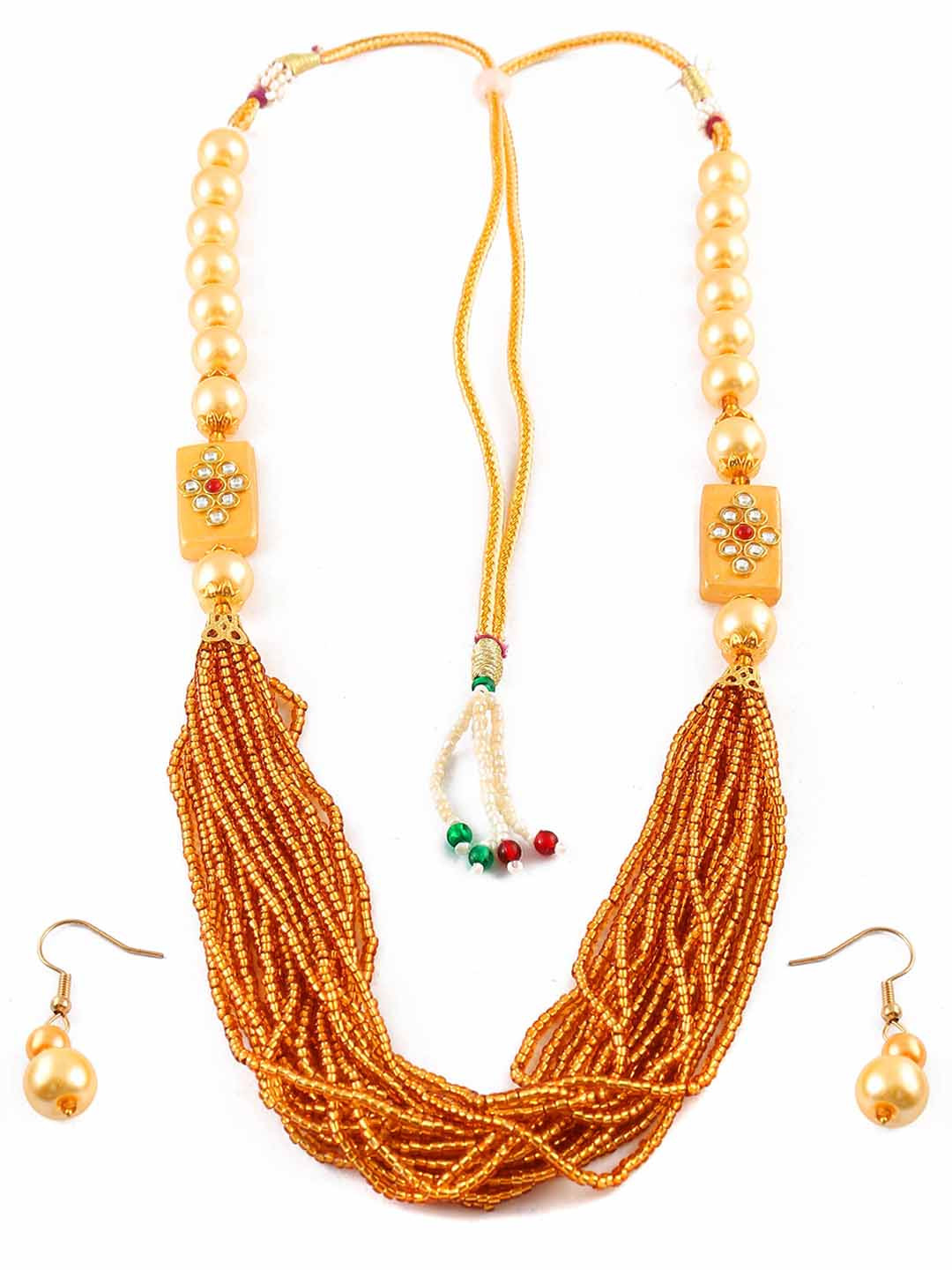 Jewar Mandi Gold-Plated Yellow Kundan Studded & Pearls Beaded Jewellery Set