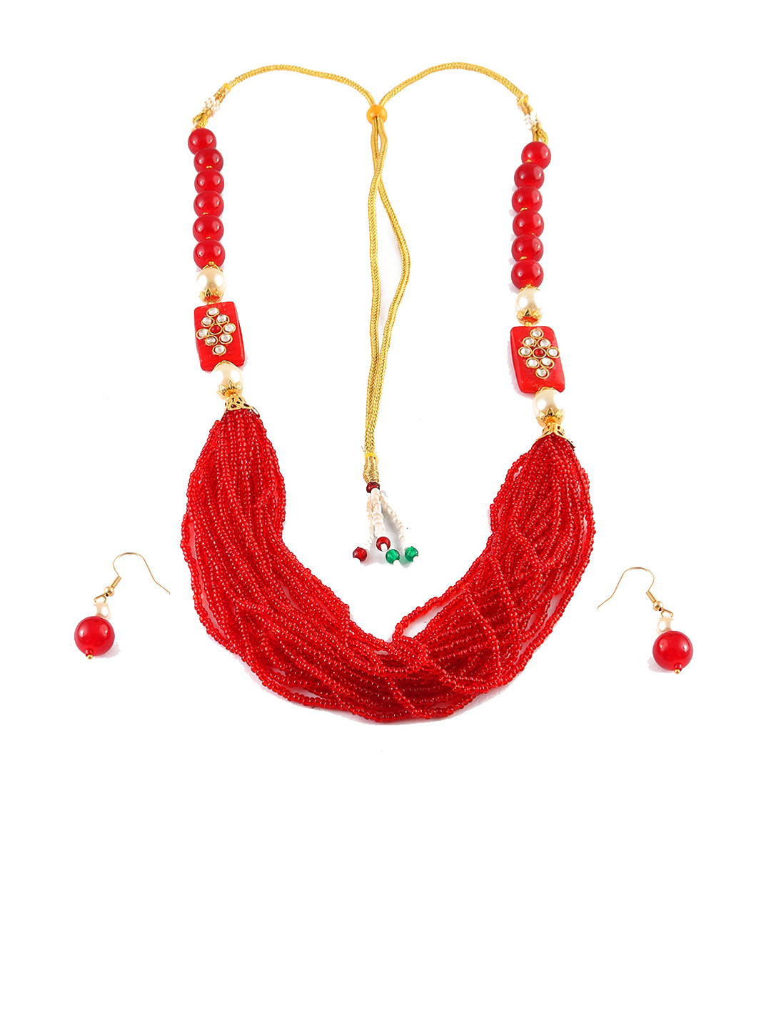 Jewar Mandi Gold-Plated Red Kundan Studded & Pearls Beaded Jewellery Set