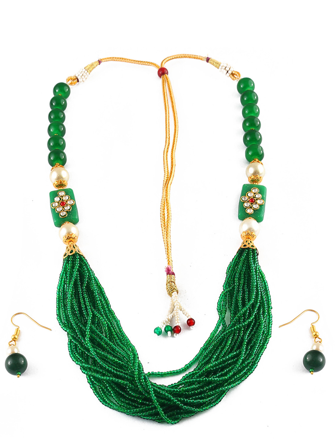 Jewar Mandi Green Multi Strand Stone-Studded & Beaded Jewellery Set