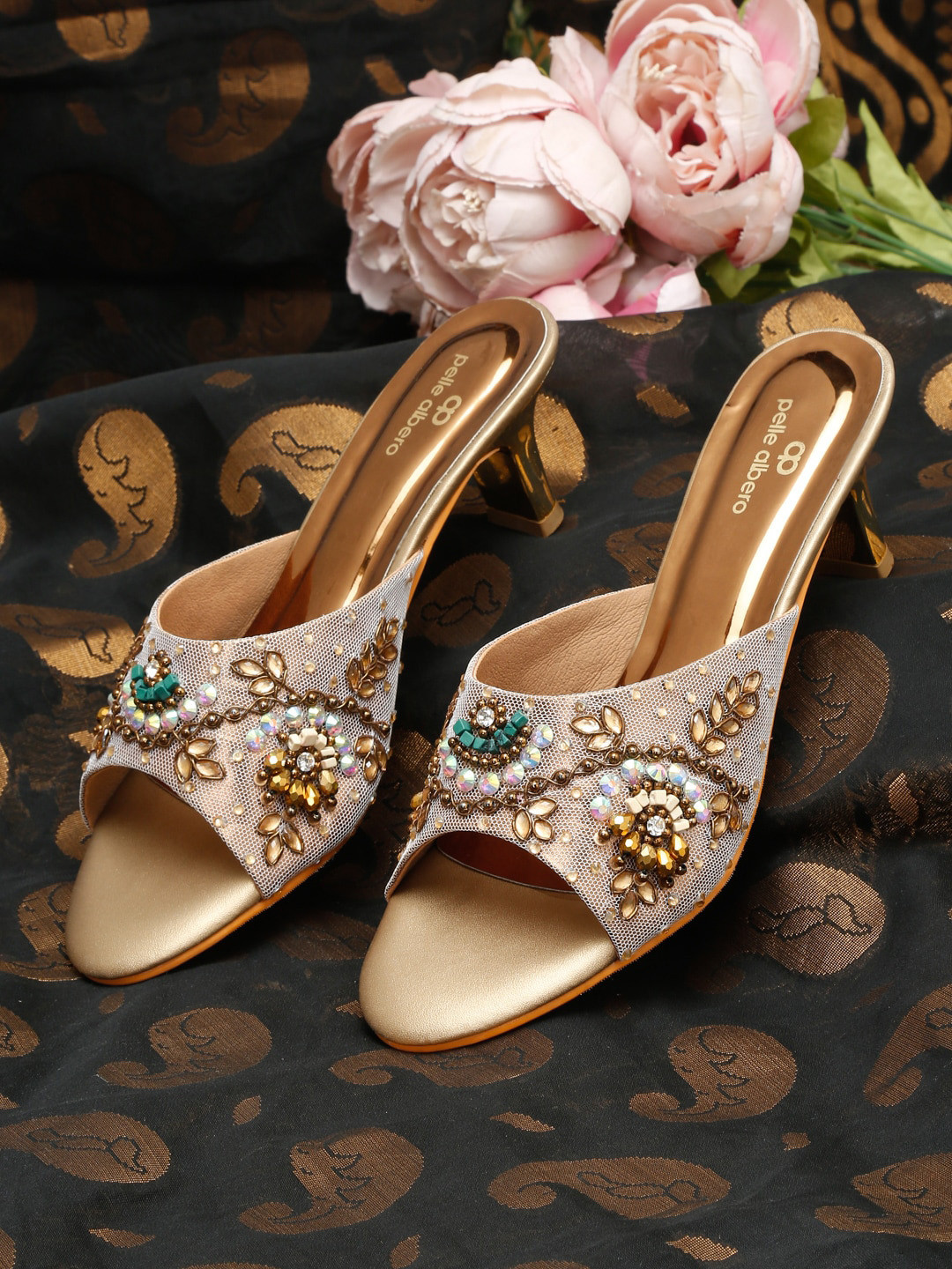 pelle albero Rose Gold Embellished Party Kitten Heels