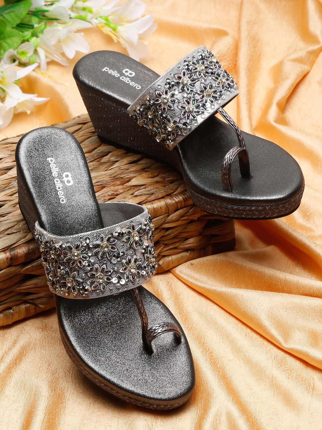 pelle albero Charcoal Embellished Party Wedges