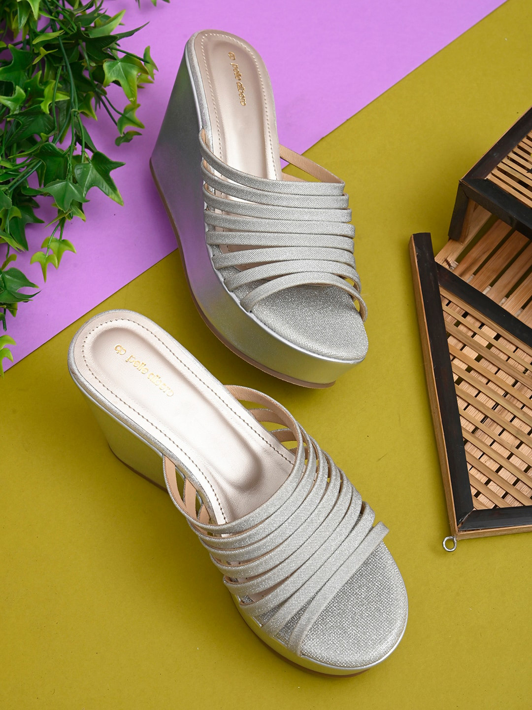 pelle albero Silver Striped Party Wedge Heels