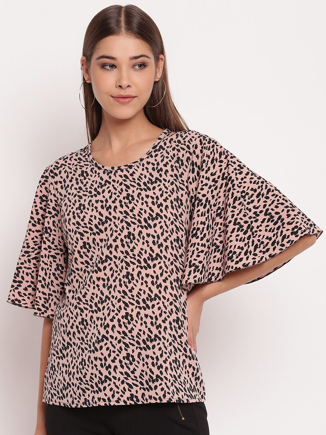 AKIMIA Women Peach-Coloured Animal Print Crepe Top