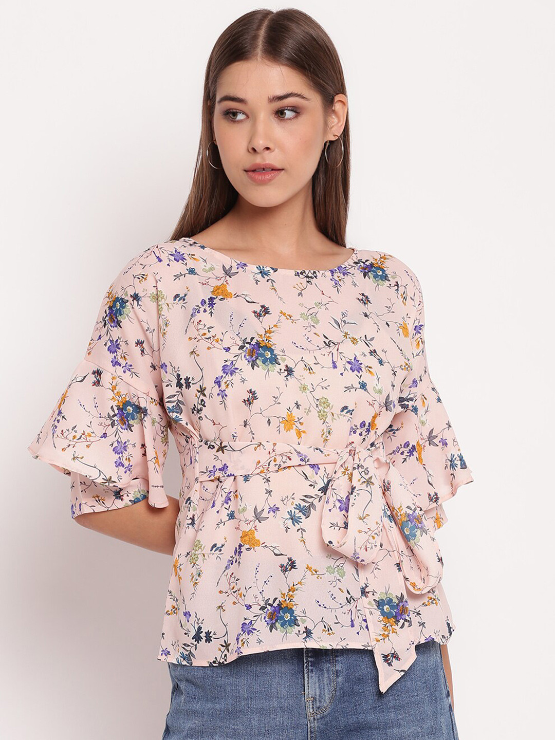 AKIMIA Women Peach-Coloured Floral Print Crepe Top