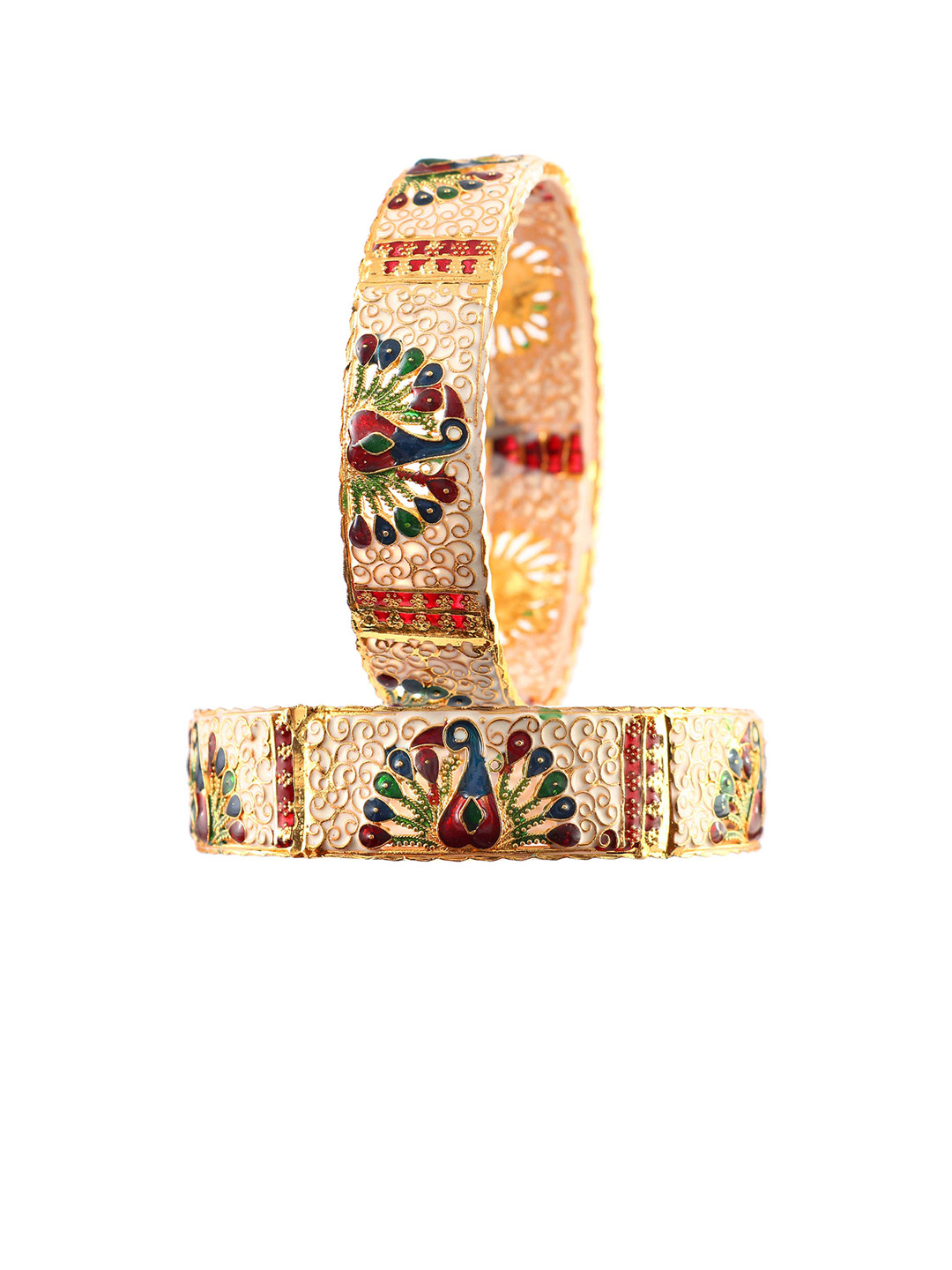 Jewar Mandi Set Of 2 Gold-Plated Red & Green Peacock Design Meenakari Bangles
