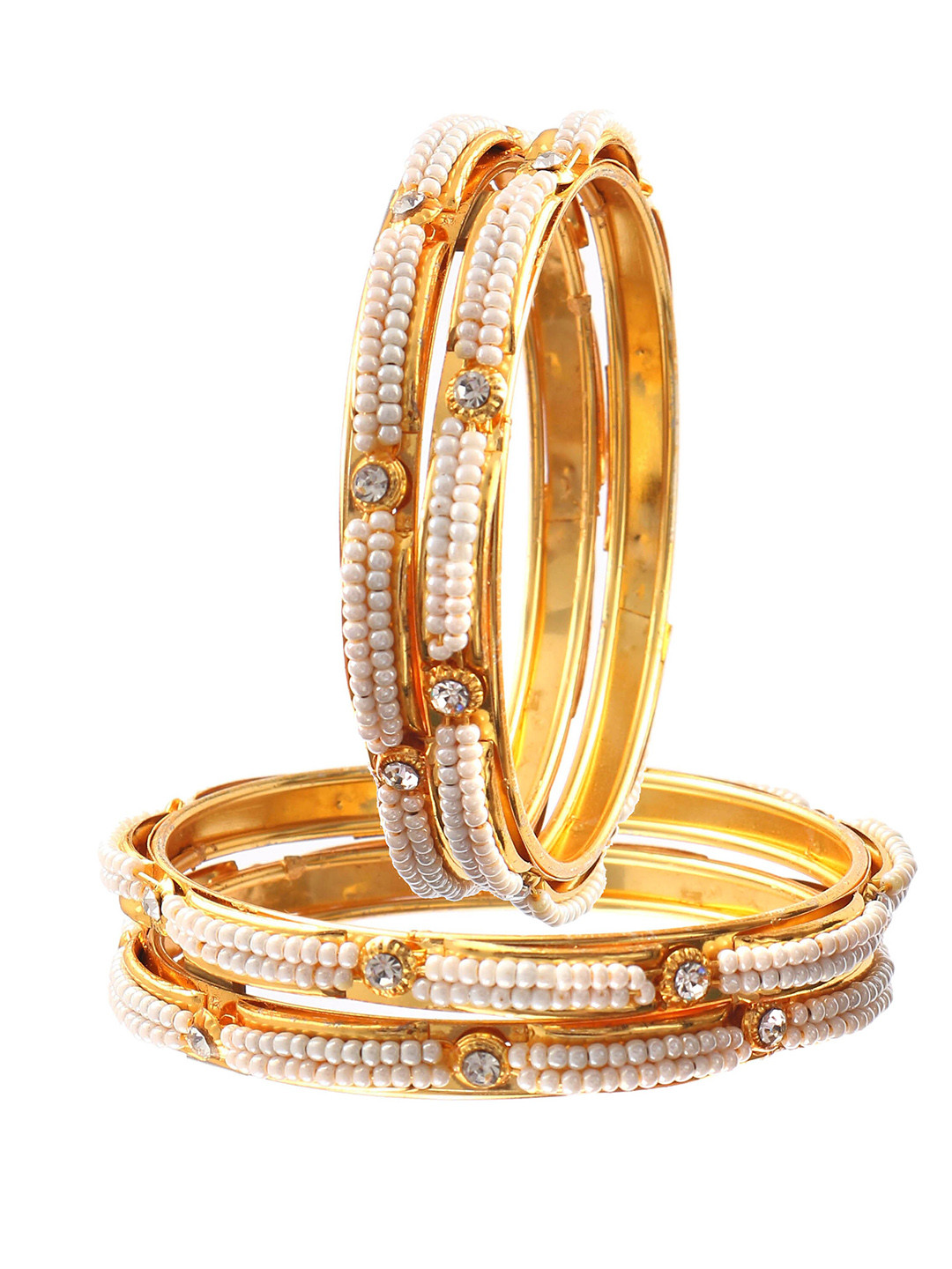 Jewar Mandi  Set Of 4  Gold-Plated White Pearl Beaded & CZ Rhinestones -Studded Bangles