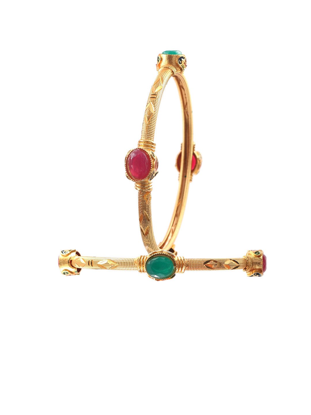 Jewar Mandi Set Of 2 Gold-Plated Red & Green Kundan Studded Bangles