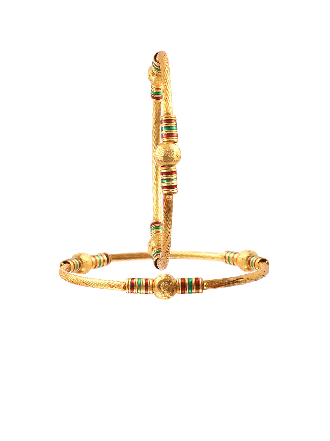 Jewar Mandi Set Of 2 Green Red & Gold-Plated Meena Work Bangles