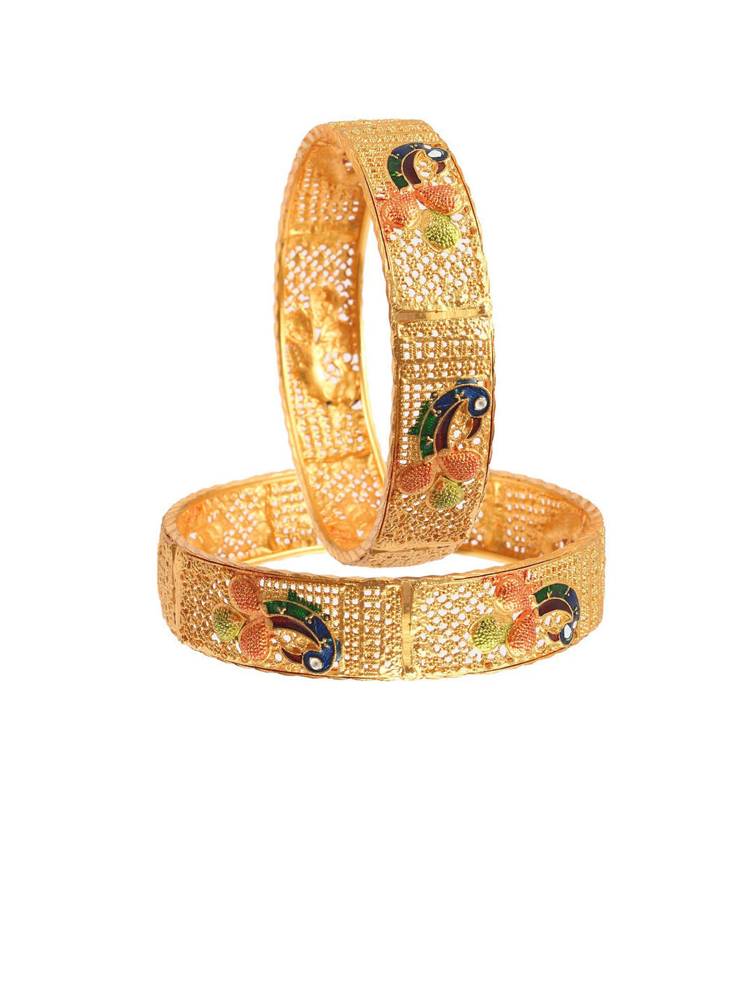 Jewar Mandi Set Of 2 Gold-Plated Red & Green Peacock Design Meeenkari Bangles