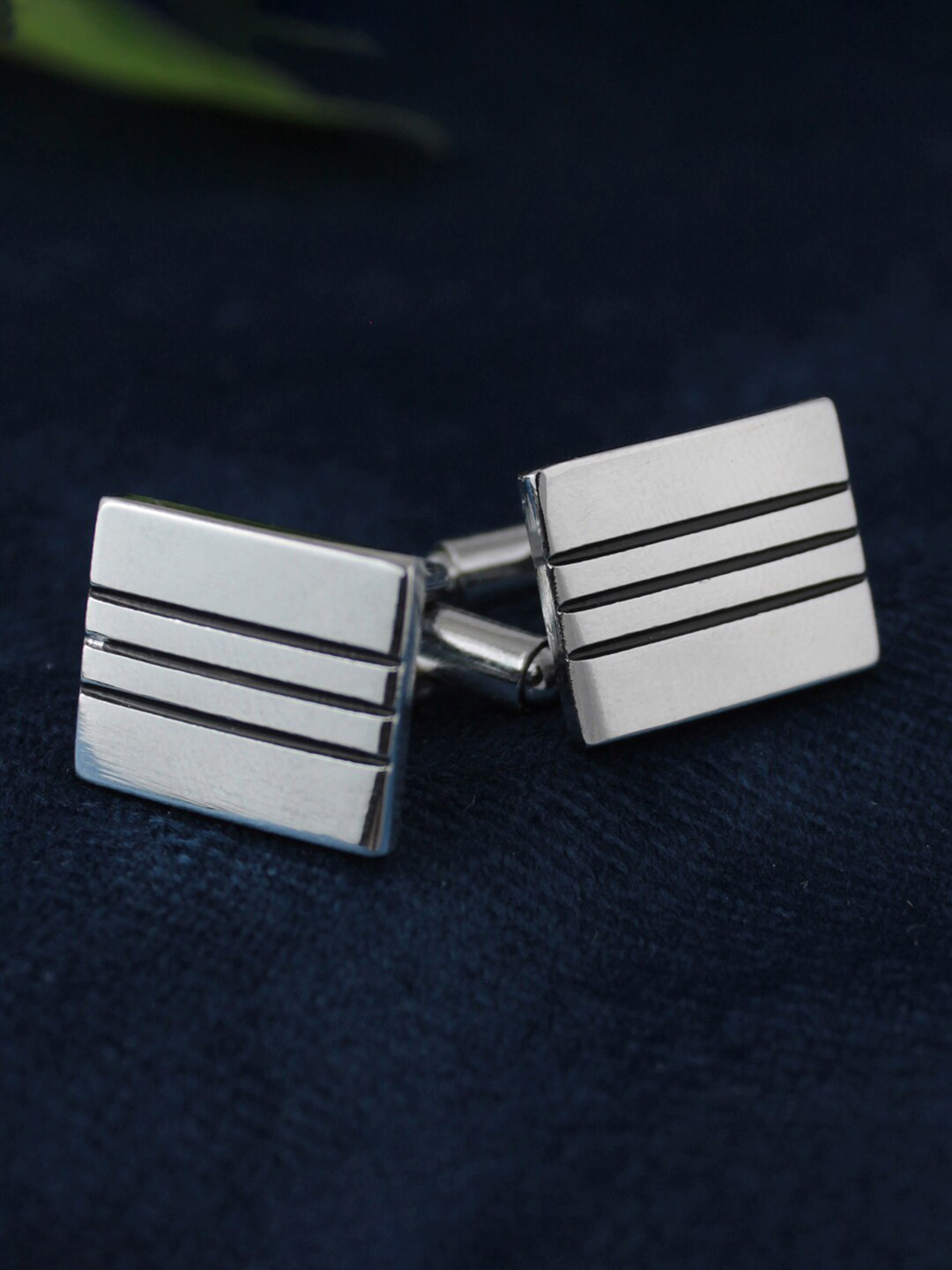 Kavove Men Silver-Toned & Black  Rectangle Shape Cufflink