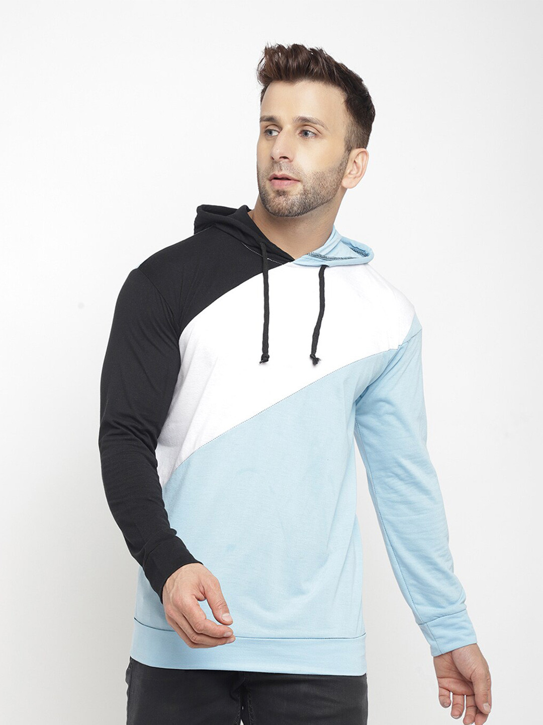 GRITSTONES Men Blue & White Colourblocked Hooded Cotton T-shirt