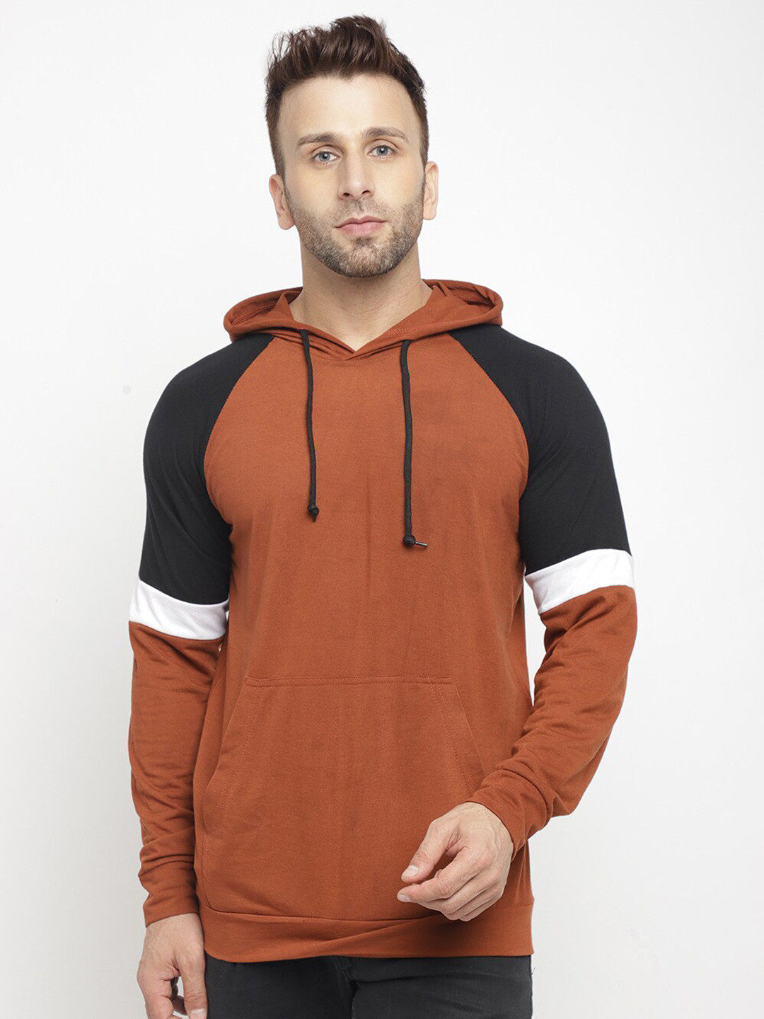 GRITSTONES Men Brown & Black Colourblocked Hooded Cotton T-shirt