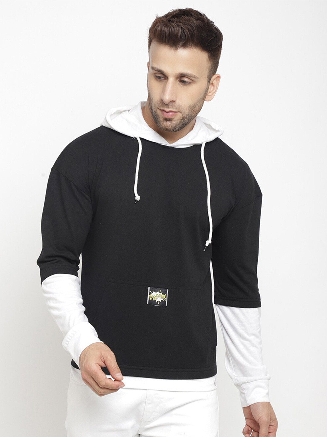 GRITSTONES Men Black & White Oversized Cotton T-shirt