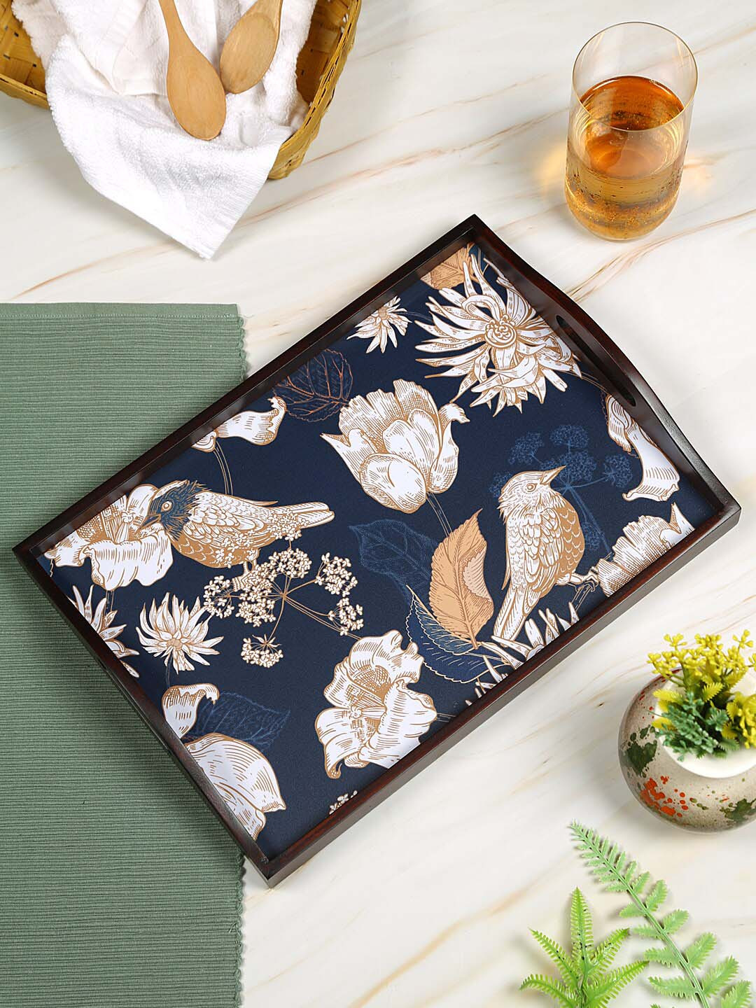 Reinvention Factory Brown & Blue Tutsi Bird Digital Printed Teak Wood Serving Tray