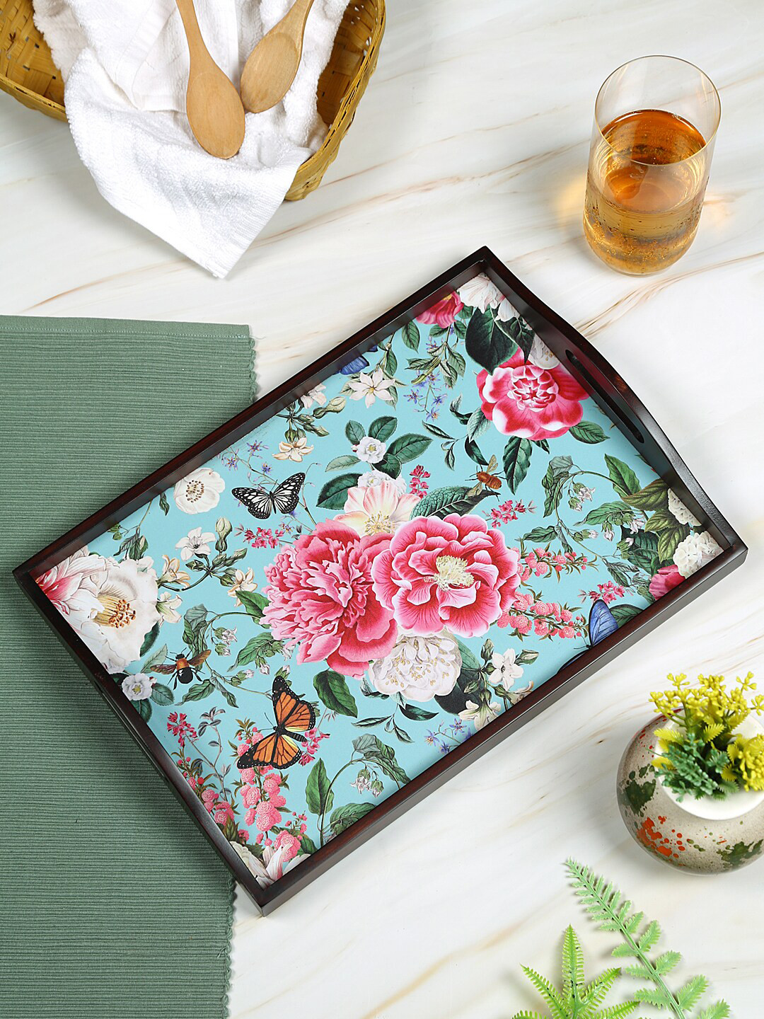 Reinvention Factory Brown  Fairy Garden Printed Teak Wood Serving Tray