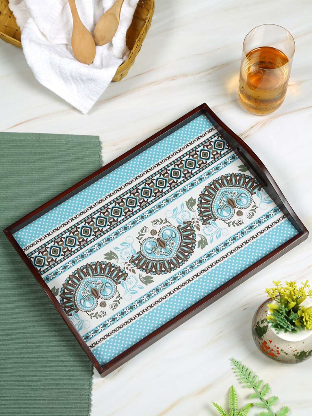 Reinvention Factory Brown & Blue Ethnic Ornament Printed Teak Wood Trays