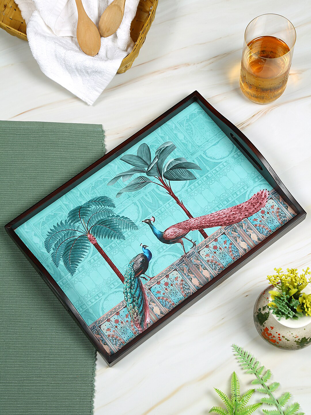 Reinvention Factory Brown & Turquoise Blue Peacock Printed Teak Wood Serving Tray