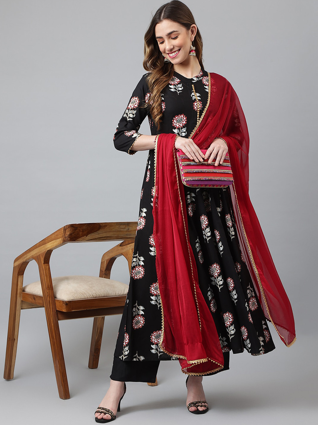 Khushal K Women Black Floral Printed Gotta Patti Kurta with Trousers & With Dupatta